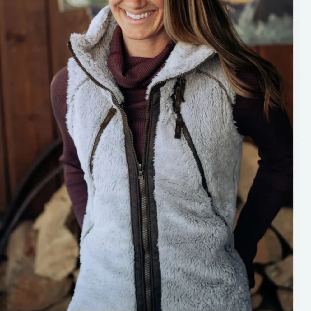 KÜHL Flight Vest Italian Fleece Stowable Hood Full Zip Cream Tan Brown Warm Cozy - Picture 1 of 16